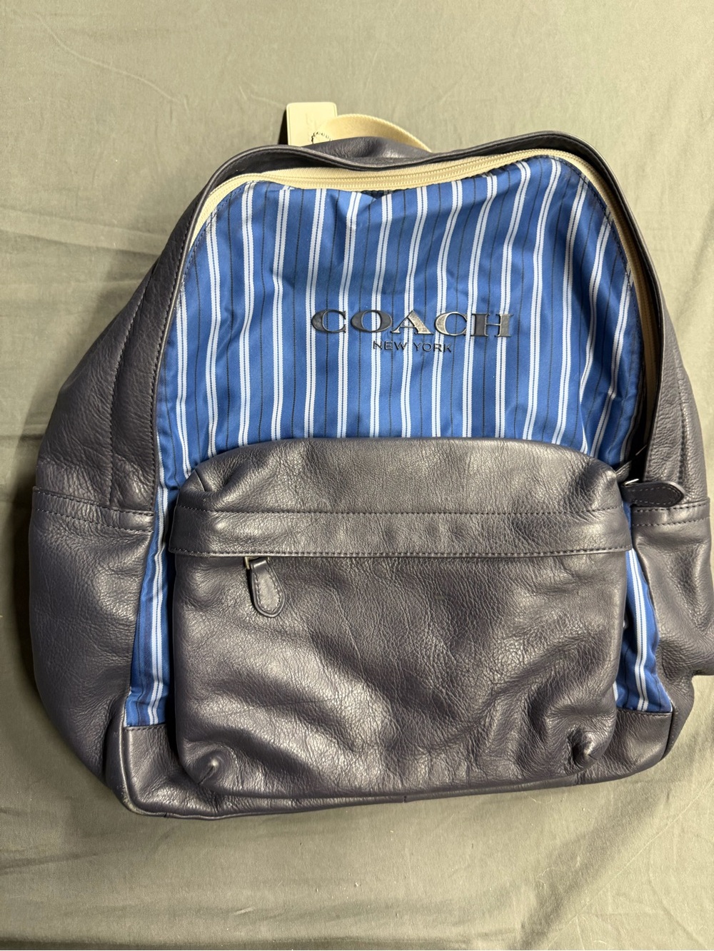 Coach Men's Leather Backpack in Navy with Blue Striped Lining